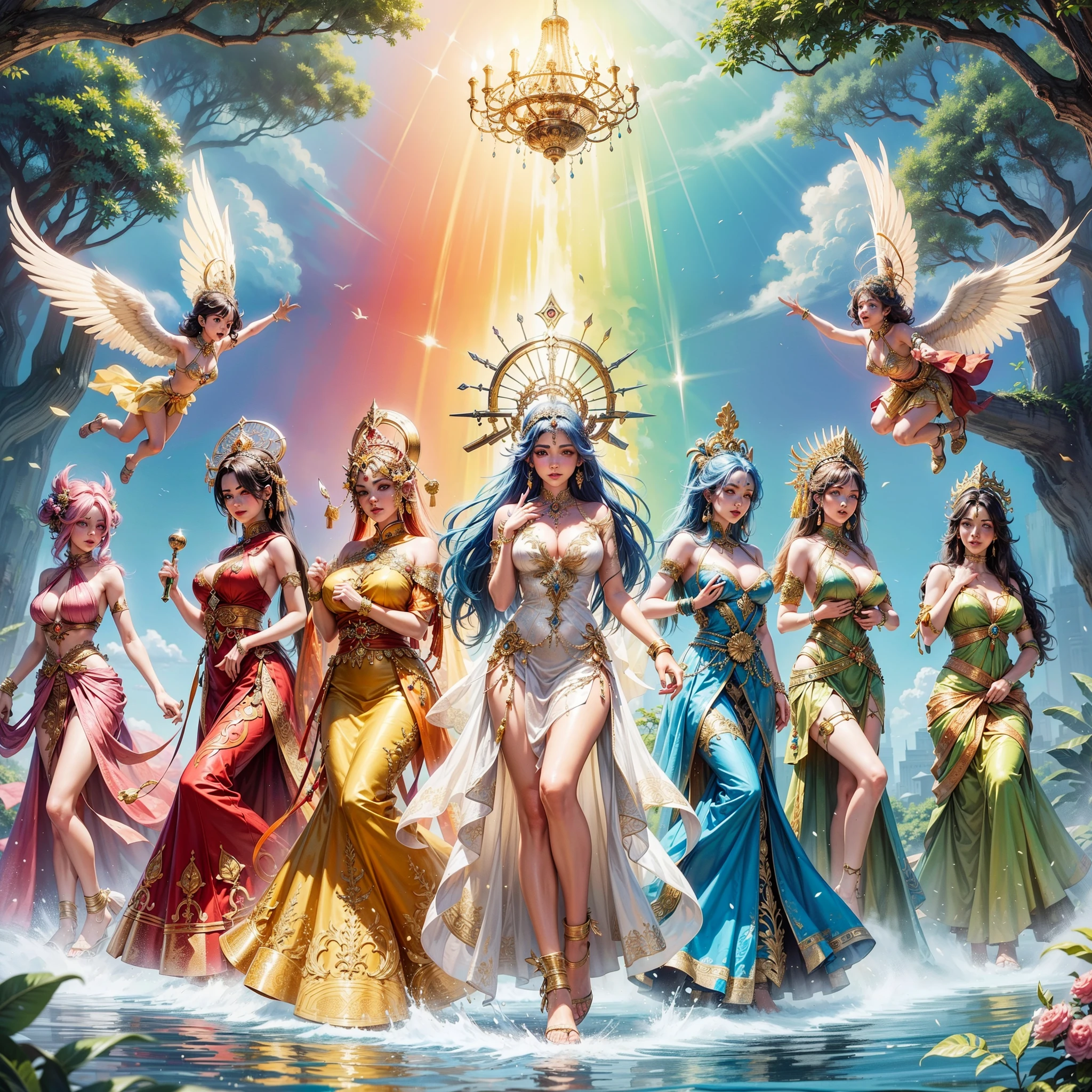 a group of women with gigantic breast in colorful dresses sitting on a waterfall,show cleaveage, earth goddess mythology, javanese mythology, goddess of love and peace, goddess art, indian goddess of wealth, godesses, !5 three eyed goddesses, divine goddess, colorfull digital fantasy art, chinese mythology, goddess of nature, godess, goddess portrait, goddess of wisdom, rainbow, beautiful goddess,  masterpiece, best quality:1.2),,(8k,highres,RAW photo,realistic,photo-realistic:1.3),(detailed skin texture,detailed cloth texture,beautiful detailed face:1.25),professional lighting,photon mapping,beautiful soft light,radiosity,physically-based rendering,raytracing, model shoot style, model shoot style, (extremely detailed CG unity 8k wallpaper), full shot body photo of the most beautiful artwork in the world,