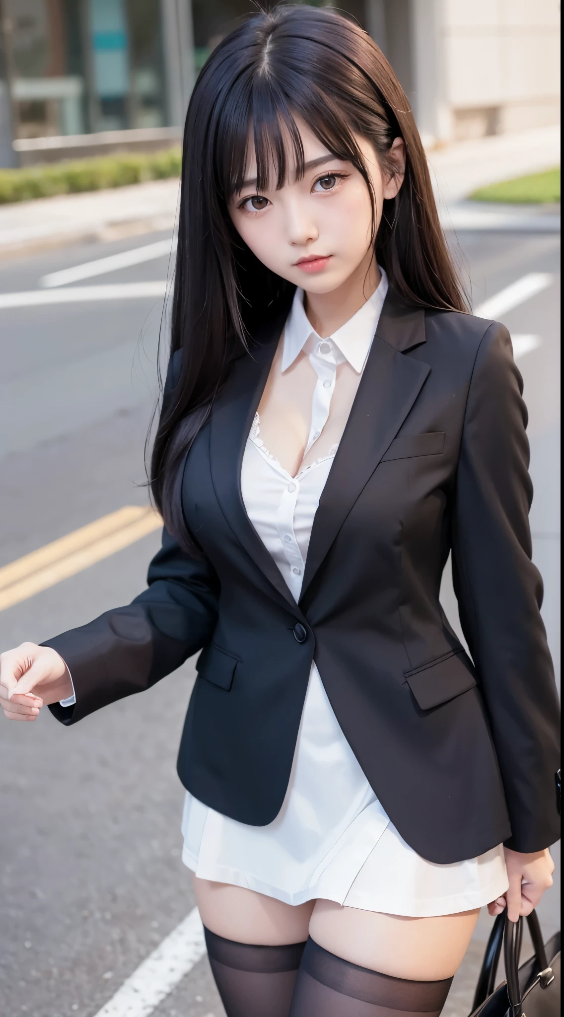 ((Best Quality)), ((masutepiece)), (Detailed), (highlight), Perfect face Young girl with detailed face showing cleavage、Red eyes and long, thick, glossy, beautiful black hair with blunt bangs、Single-color background、Standing wearing school uniform with blazer and miniskirt、