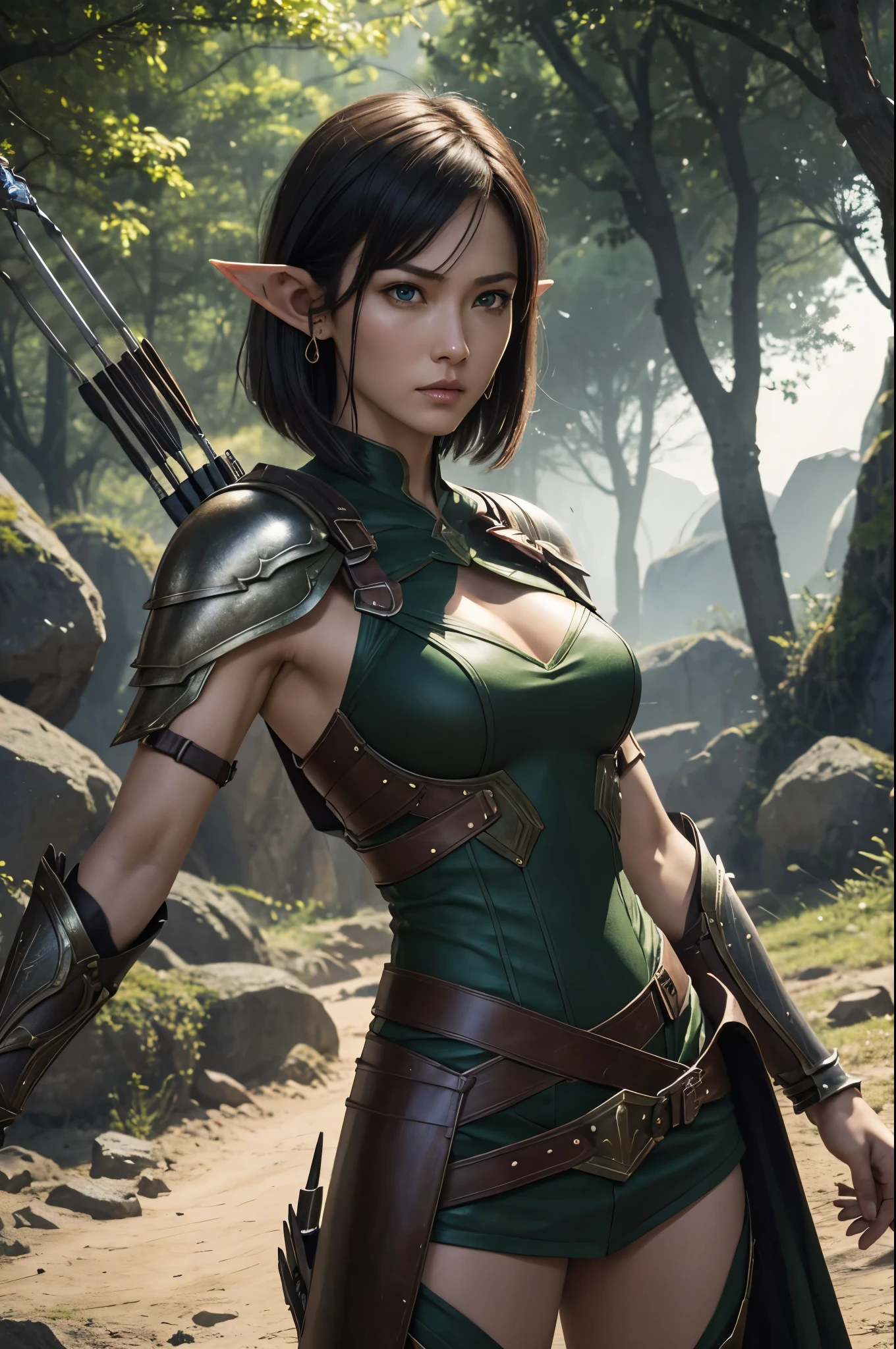 8K,Elven hunters,(masutepiece, Best Quality) Lelianada, mature woman in her 30s, Solo,Super beauty(Like the real thing) very small breasts,real looking skin,Looking at Viewer, very small breasts,Upper body, whole body,arma,earrings,armor,Hair over one eye,Green eyes,long elf ears,shoulder armor,Realistic,arrow\(projectile\), Shoulder pads, arrow筒を背負う.超A high resolution,Masterpiece,A hyper-realistic,Fantasyart,curacter art,cinestill 800,alluring glance,A sexy,a closeup,combat scene,action scene,actionpose,Rugged look,Glaring at the viewer,A sexyな衣装,Slender and muscular body,Split abs,long thin muscular legs,green short-haired,