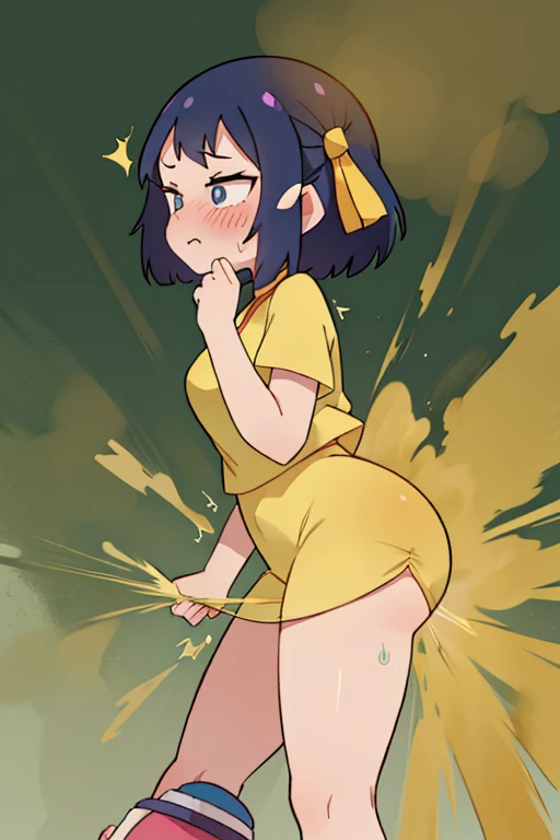 score_9, score_8_up, score_8, source_anime, 1girl, , solo, black hair, twintails, twin drills, short hair, black eyes, blush, plaid dress, bottomless, lift skirt, farting, fart coming from butt, butt, 10yo li, squatting,