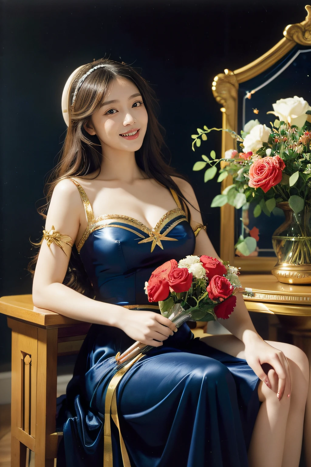 Geometry,stain glass,12 zodiac signs,Vigée Leblanc style,Math、Astronomical utensils,astronault,Roses in a vase,fruits,cute little,A smile,Ancient Greek costumes,Paintings by Sandro Botticelli,Costume with stretched shoulders,huge smile,large full breasts,Ecstasy expression,A sexy,Beautiful bare skin
