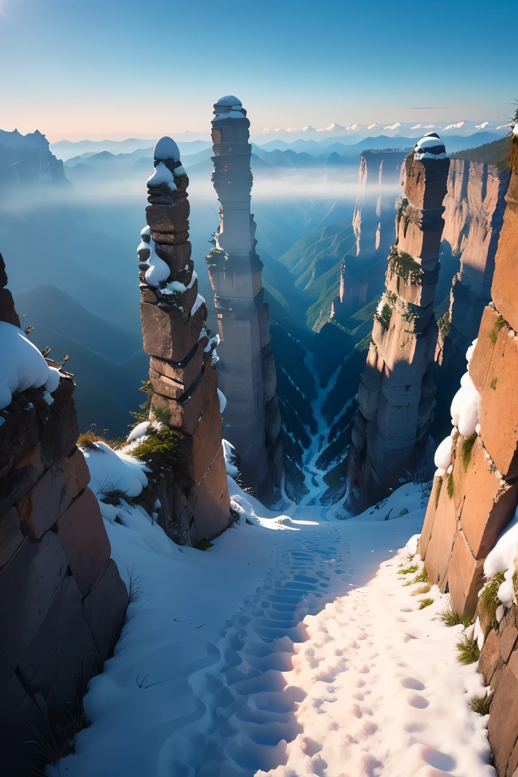 ((Best quality at best)), ((tmasterpiece)), (Detailed pubic hair), Outdoor snow view, zhangjiajie, Rime, in a panoramic view, Overlooking, depth of fields, natural light, from above, Op art, depth of field, ray tracing, projected inset, vanishing point, atmospheric perspective, Ultra-Wide Angle