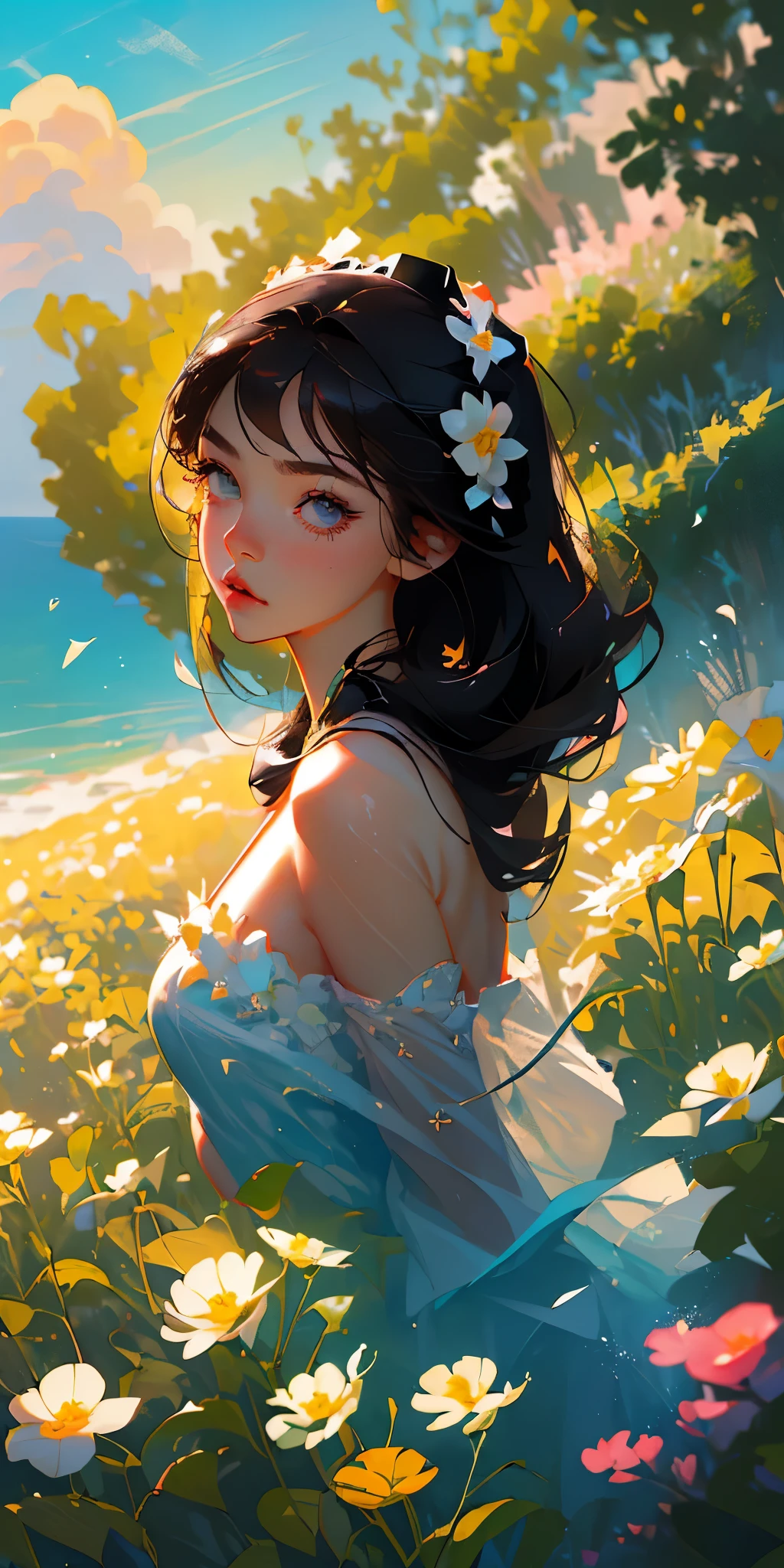 (best quality, masterpiece), 1girl, pose, particle, wind, flower, upper body, background, looking at viewer, focus on face, black hair, the most beautifull girl in the world