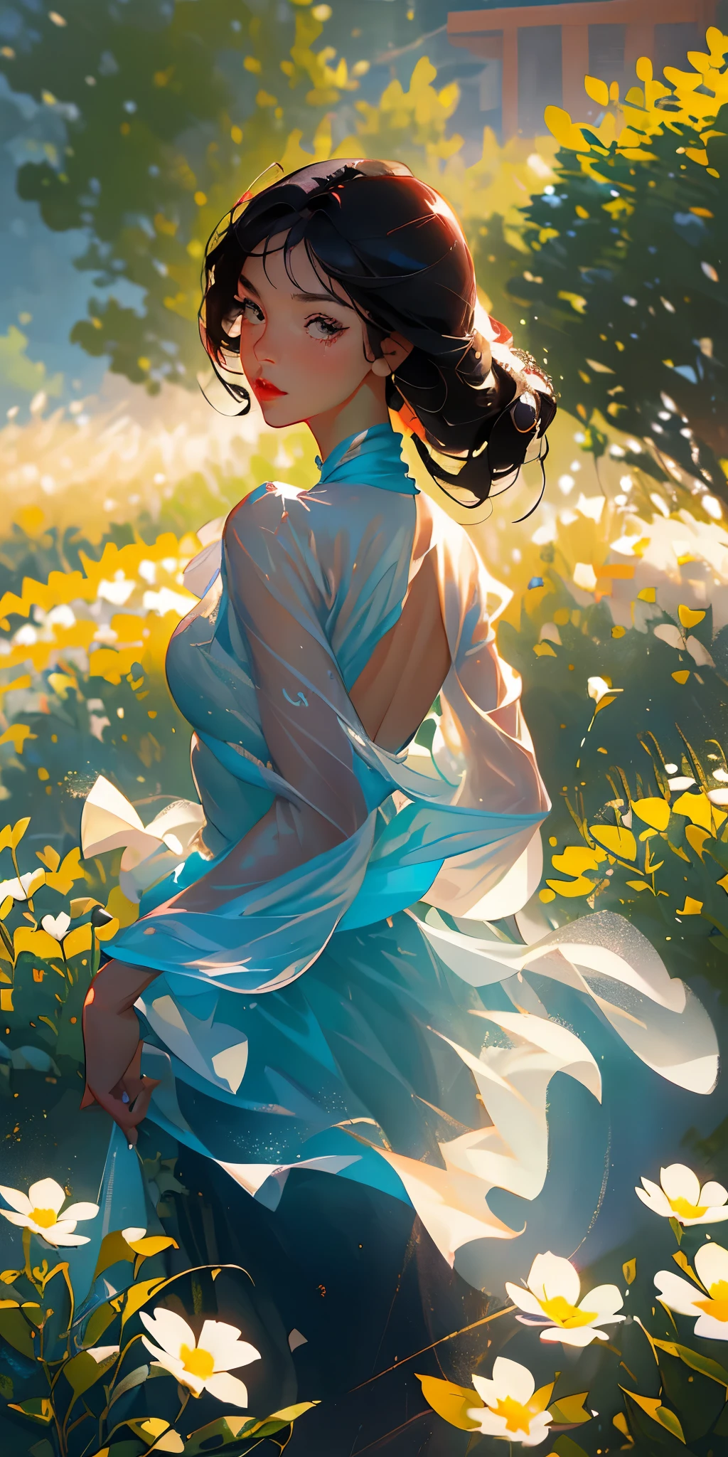 Girl full of longing for love Golden eyes White clothes flower background