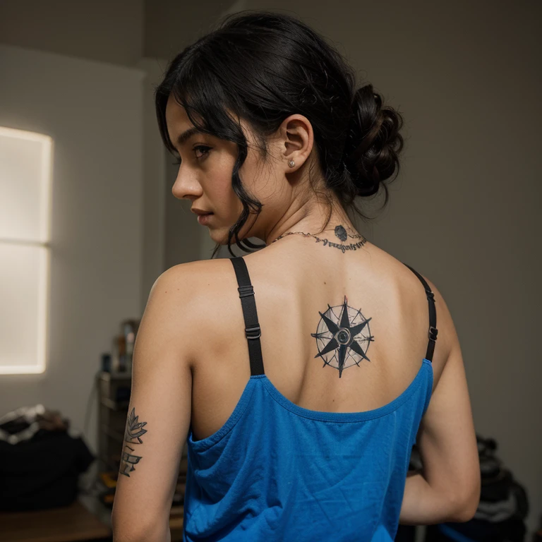 Make a girl with black hair with the back of her head painted blue with medium breasts and a medium-sized boy in a dark-skinned tank top on her side with curly hair and a tattoo on her shoulder the tattoo is a compass and an eagle on the front