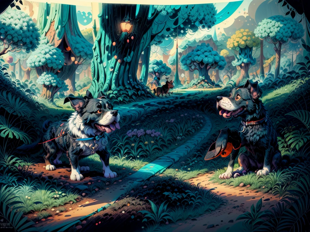 cartoon drawing of two dogs on a leash in a park, animated disney movie inking, published concept art, stylized linework, black and white illustration, official illustration, whole page illustration, by Istvan Banyai, concept art for a video game, by Maksimilijan Vanka, colorkey scene, game illustration, cartoon concept art
