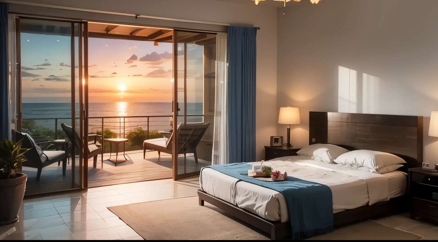 Modern elegant bedroom, Blue and white series, There are potted plants, Floor-to-ceiling windows, Outside the terrace is a beautiful sea view, setting sun.