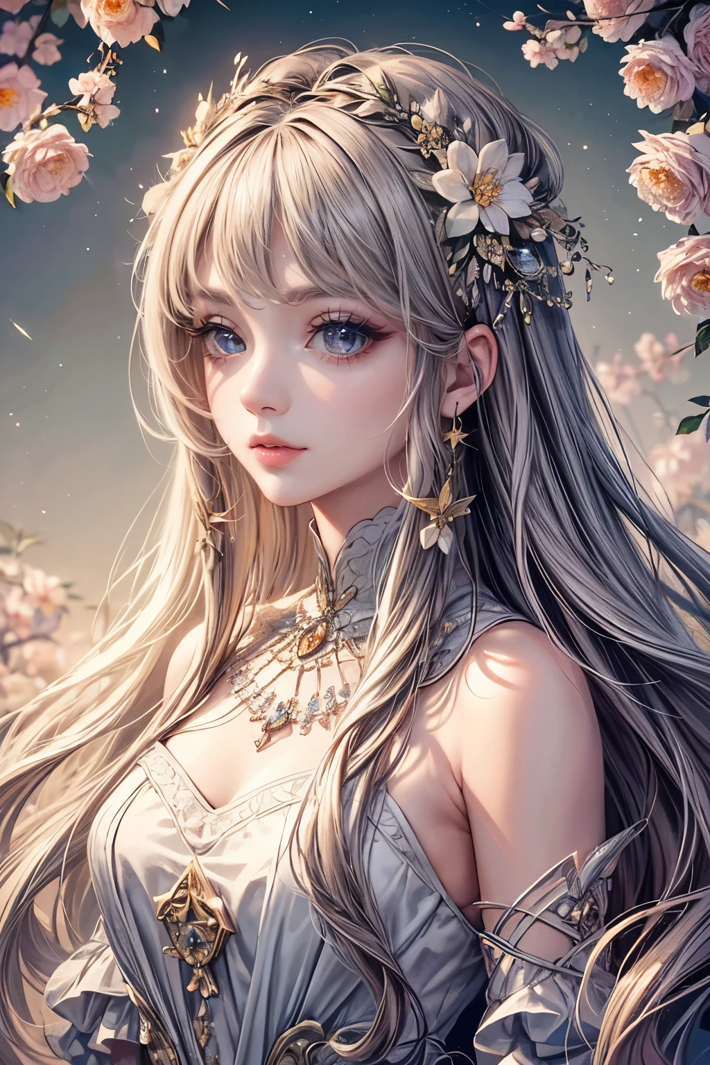 (Highest quality,8k,CG),Upper body details, girl,Floral forest background,Complex facial features,Elegant long curly hair,large almond-shaped eyes,,Detailed eye makeup,Long eyelashes,Twinkling Star,Exquisite lip detail,Soft and harmonious style.