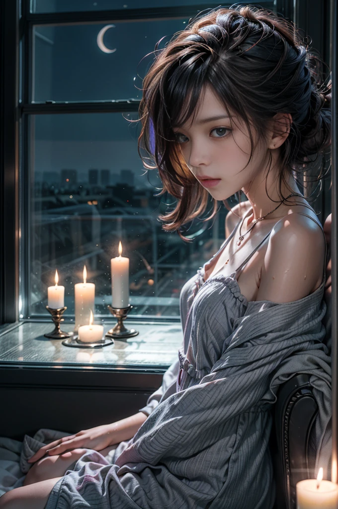 (Photoreal Stick:1.5, masutepiece:1.5, 8K), (top-quality, ​masterpiece, 超A high resolution), Perfect dynamic composition, Professional camera work:1.4, Highly detailed skin and facial texture:1.3, Mystical portrait:1.3, Grow Light Effect, The ultra-detailliert, 1girl in, ((Night view from inside the building, Pitch black room:0.9, The moonlight at night shines through the glass)), (Light purple nightgown), Model body type, Clear face, (Beautiful and seductive eyes:0.9, Enraptured look:1.0, i love you completely:0.8, A mouthfeel that feels beautiful eros:0.7), (Wet dark brown medium hair), candles, the chest is medium, a necklace, (Leaning against the window, Sit up), ((seductiv, Functional))