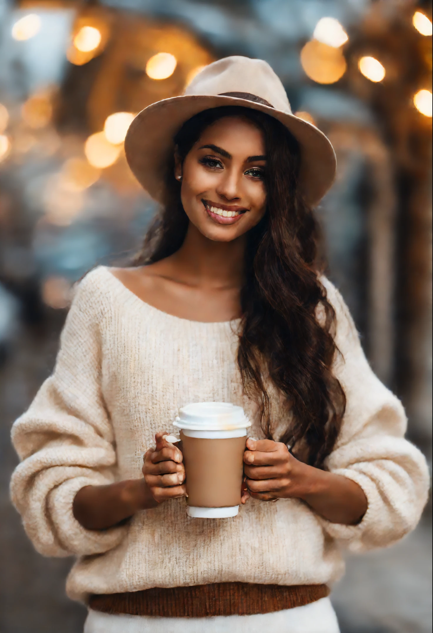 there is a black woman , the woman has, she has dark skin, with dark brownish skin, with long curly, long black loose moisturised curly hair she is taking a selfie In a clothing shop while holding coffee and her other hand