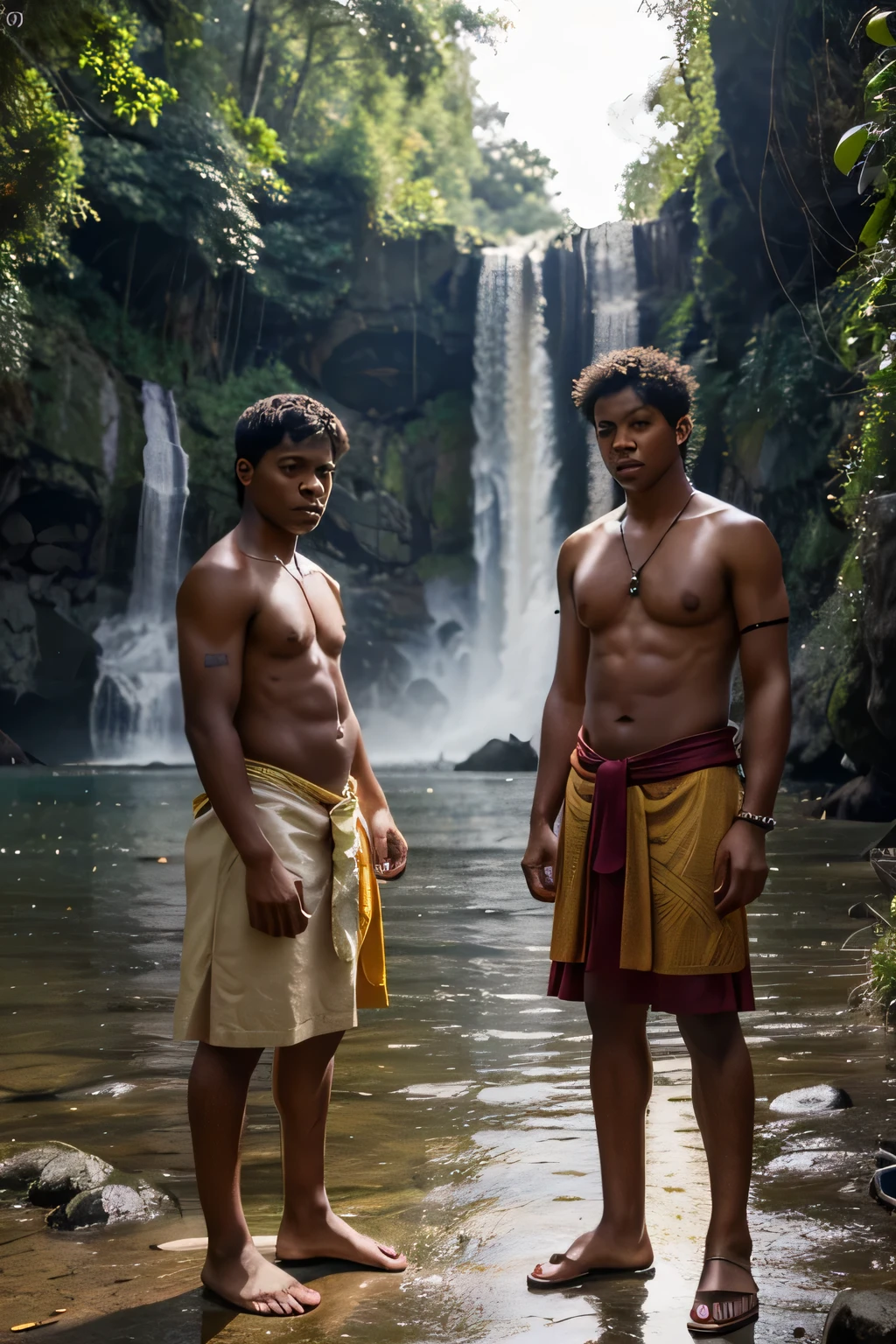 Photos,(photorealistic:1.4), (Hyperealistic:1.4), (cinematic 1.5) young boys 20s , Papua new guiea  boys dress with traditional dress and standing  inside the bush road beside the waterfall  and the beautiful sunset the boys we're smoking weed and making fire