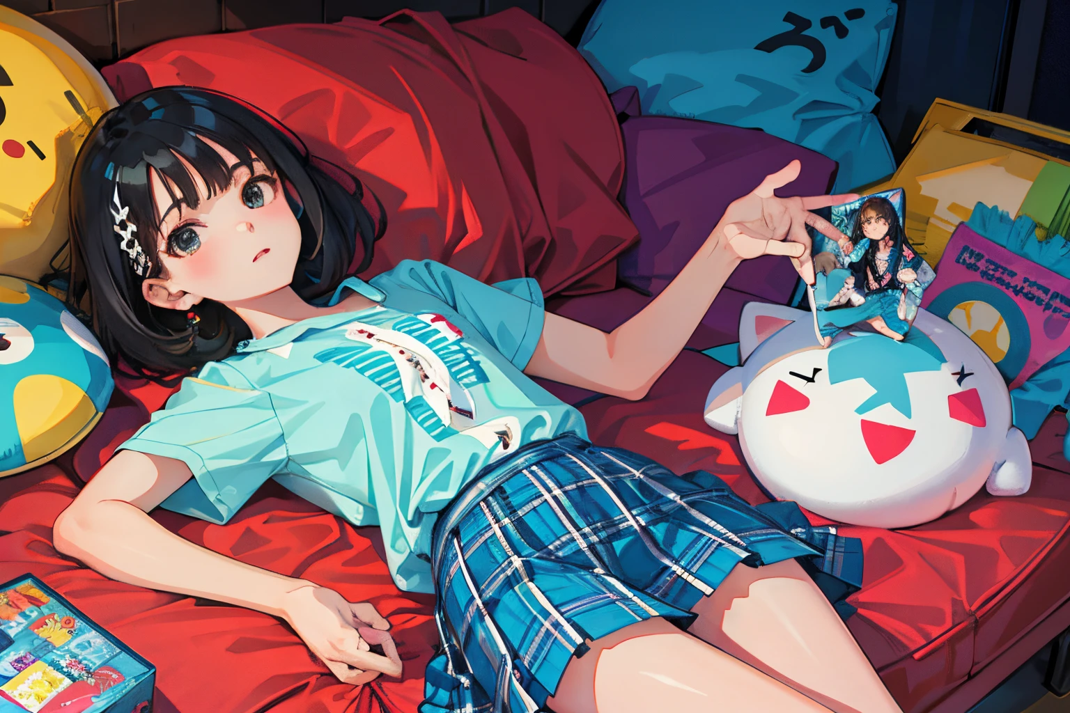 ,(masterpiece,Highest Quality),turquoise short sleeve shirt,Plaid mini skirt,A dark-haired,Semi-long,World of toys