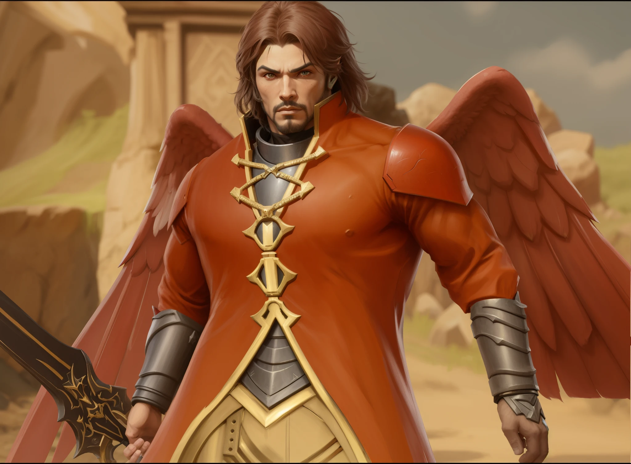 um close up de uma pessoa com uma espada e uma roupa vermelha, unreal motor render saint seiya, Alma Calibur, como personagem em tekken, personagem de jogo de luta, arcanjo, angel in plastic armor, Arqueiro alado, Armor angle with wing, heroes of might and magic, Serafim, Da NCSOFT, macho com halo, Detalhes do caractere 8K