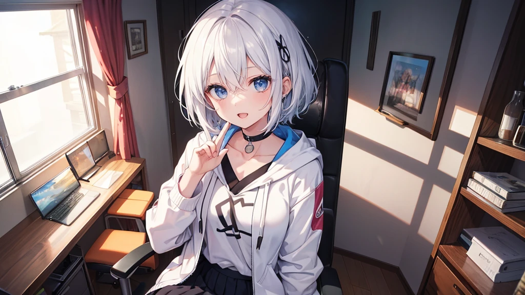 (masutepiece: 1.2, Best Quality), 1 Lady, Solo, silber hair,Shoulder out,Very short hair, long bangs between eyes, blue eyess,Black eyes, Hoodie,White hair, Silver hair, Hoodie, White hoodie、inside in room、sit a chair、A smile、open open mouth、5 fingers