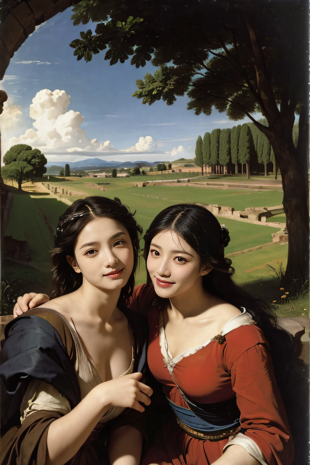 Ancient Roman ruins,Poussin-style landscape,A smile,,Sweet and seductive appearance.、Caravaggio's paintings、Chiaroscuro of Caravaggio、Hair disheveled in the wind,Two women frolicking,Cute smile, Expression of ecstasy,A sexy,erotick