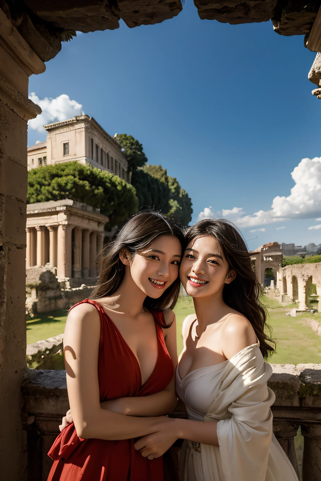 Ancient Roman ruins,Poussin-style landscape,A smile,,Sweet and seductive appearance.、Caravaggio's paintings、Chiaroscuro of Caravaggio、Hair disheveled in the wind,Two women frolicking,Cute smile, Expression of ecstasy,A sexy,Erotic