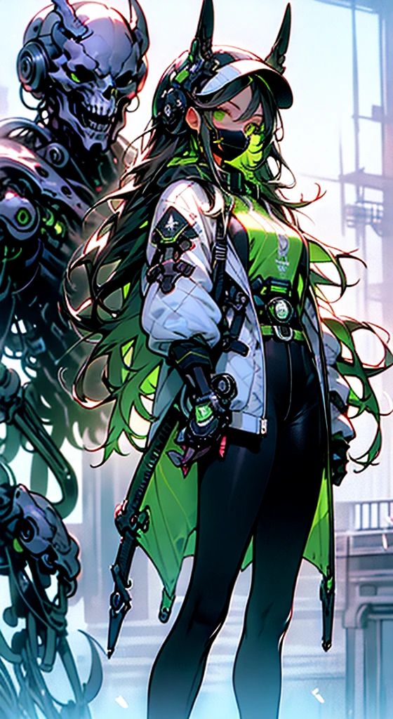 Girl(mechanical both arms)(white long coat)(twin tail),put on mask(full face),8K,Ultra Detail,ultra-quality,ultra precision,ultimate masutepiece,No extra arms,No extra legs,No extra fingers,No extra hands,