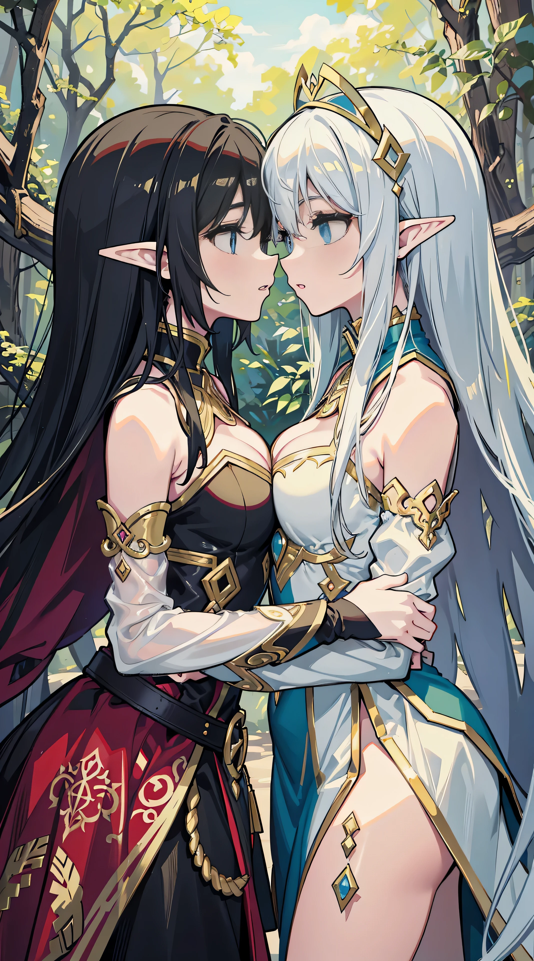 Two female elves，One black and one white，hold each other tight，The two bodies are very close，kisses，at a forest