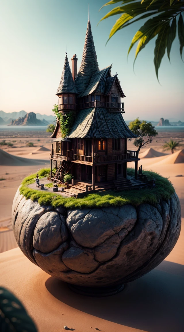 A mysterious house on a desert island、Jungle in the background、Resort、Magical、Fantastical、Very realistic, photograph, Super Detail, high details, High quality, in 8K