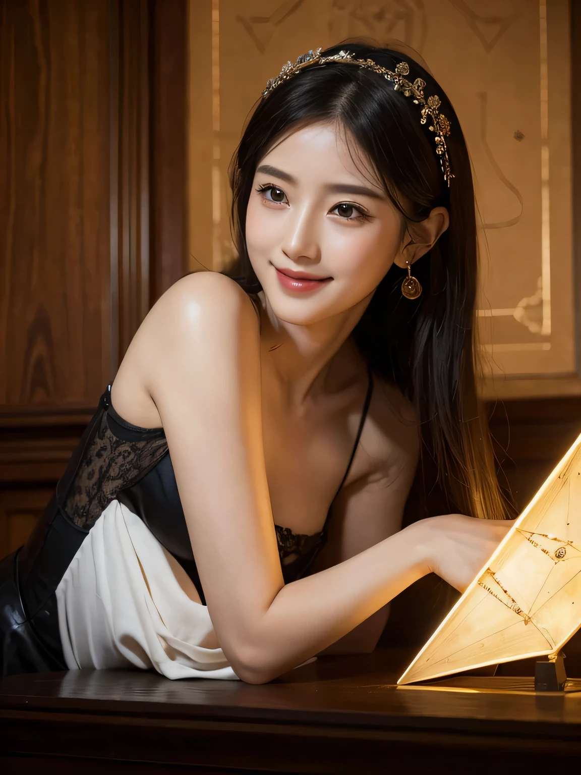 female mathematician,Ancient Greek costumes,Astronomical machinery,antique,A smile,,Sweet and seductive appearance.、Caravaggio's paintings、Chiaroscuro of Caravaggio,,Cute smile, Expression of ecstasy,erotick,A sexy
