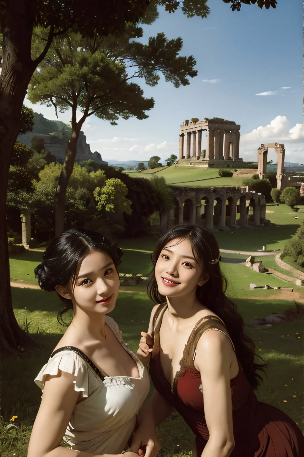 Ancient Roman ruins,Poussin-style landscape,A smile,,Sweet and seductive appearance.、Caravaggio's paintings、Chiaroscuro of Caravaggio、Hair disheveled in the wind,Two women frolicking,Cute smile, Expression of ecstasy,A sexy,Erotic