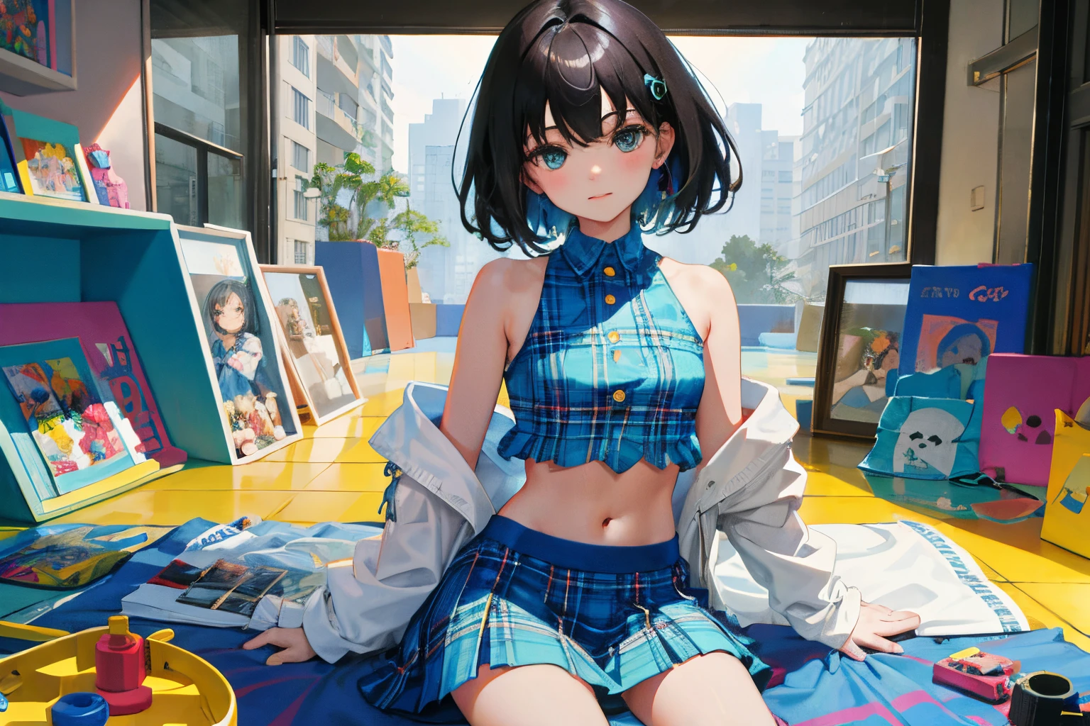 ,(masterpiece,Highest Quality),turquoise shirt,Crop Top Look,Plaid mini skirt,A dark-haired,Semi-long,World of toys