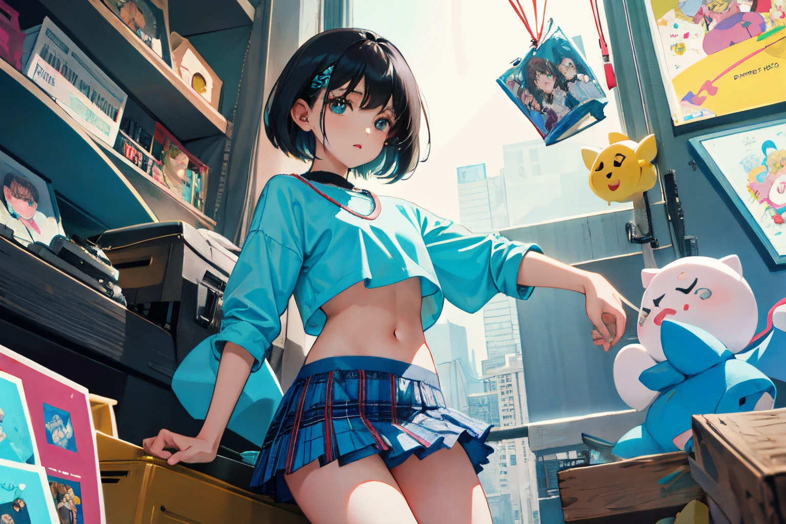 child,(masterpiece,Highest Quality),turquoise shirt,Crop Top Look,Plaid mini skirt,A dark-haired,Semi-long,World of toys
