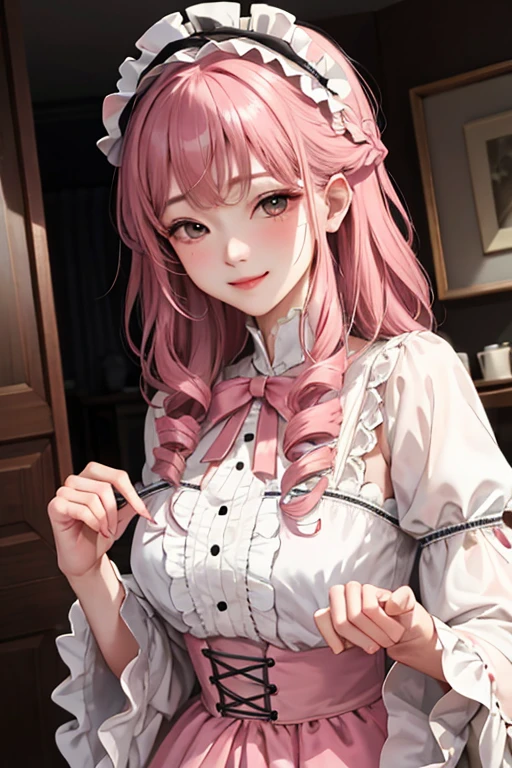 (masuter piece:1.2、top-quality)、(Real Photographics、intricate-detail)、1lady、独奏、The upper part of the body、pink lolita fashion、loose curly hair、Minimal make-up、Natural Fabric、facial close-up、a smile、home、rokoko