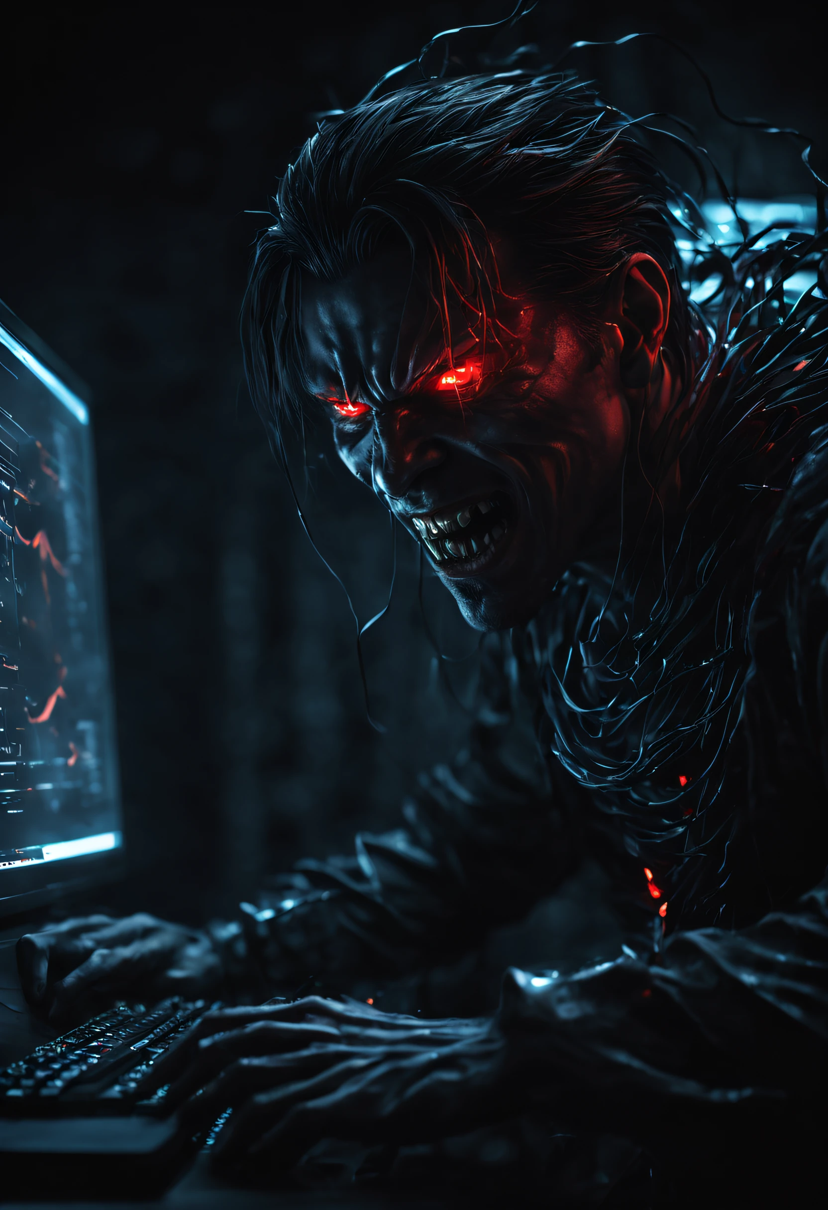 anime man with a dark and brooding demeanor, with glowing red eyes and a malicious grin, hacking into a powerful computer system with visible electric currents flowing through his body, while ominous shadows surround him, (sinister:1.2), (dark and moody lighting), (ominous atmosphere), (contrast between light and darkness)