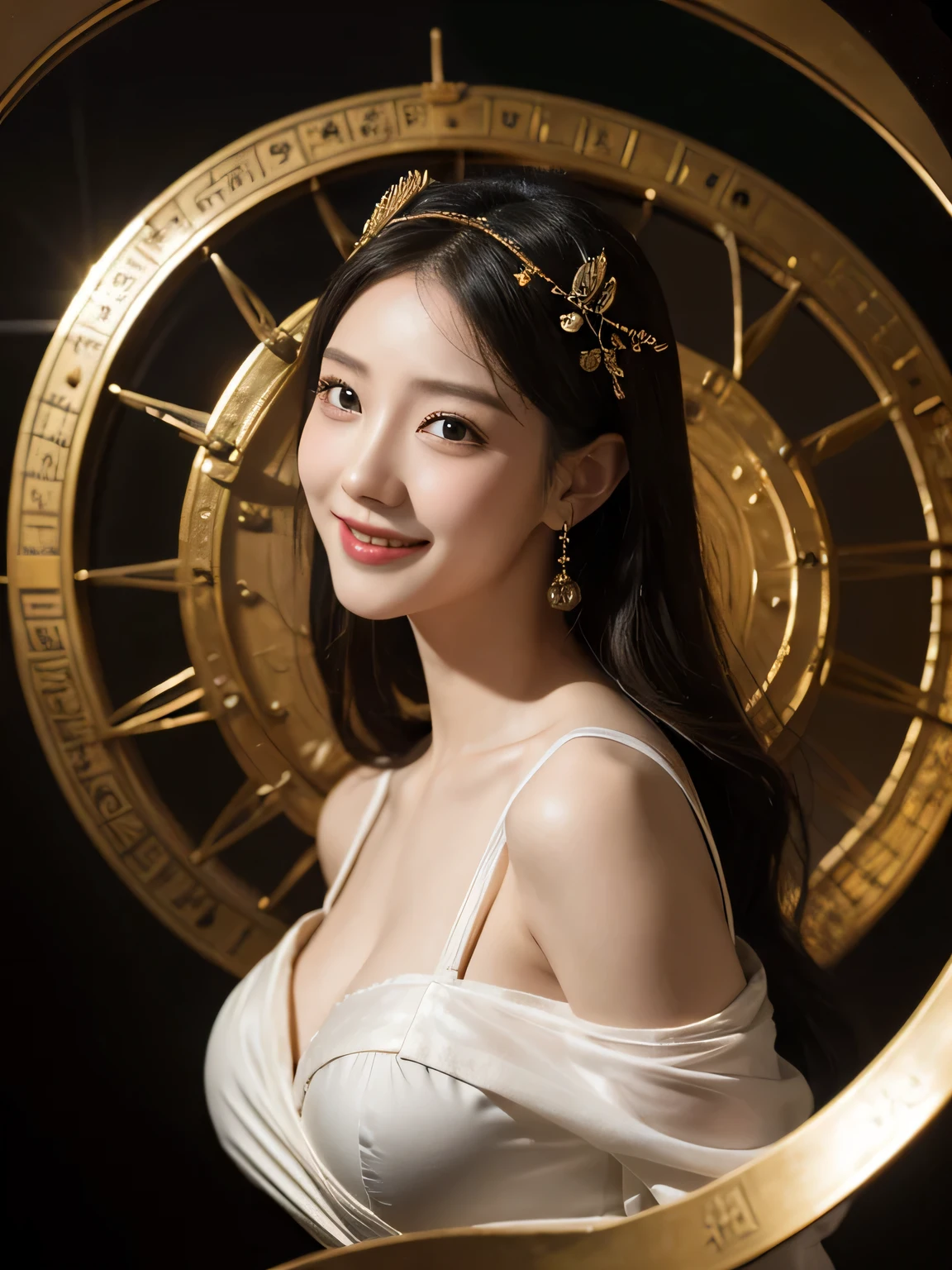 female mathematician,Ancient Greek costumes,Astronomical machinery,antique,A smile,,Sweet and seductive appearance.、Caravaggio's paintings、Chiaroscuro of Caravaggio,,Cute smile, Expression of ecstasy,erotick,A sexy