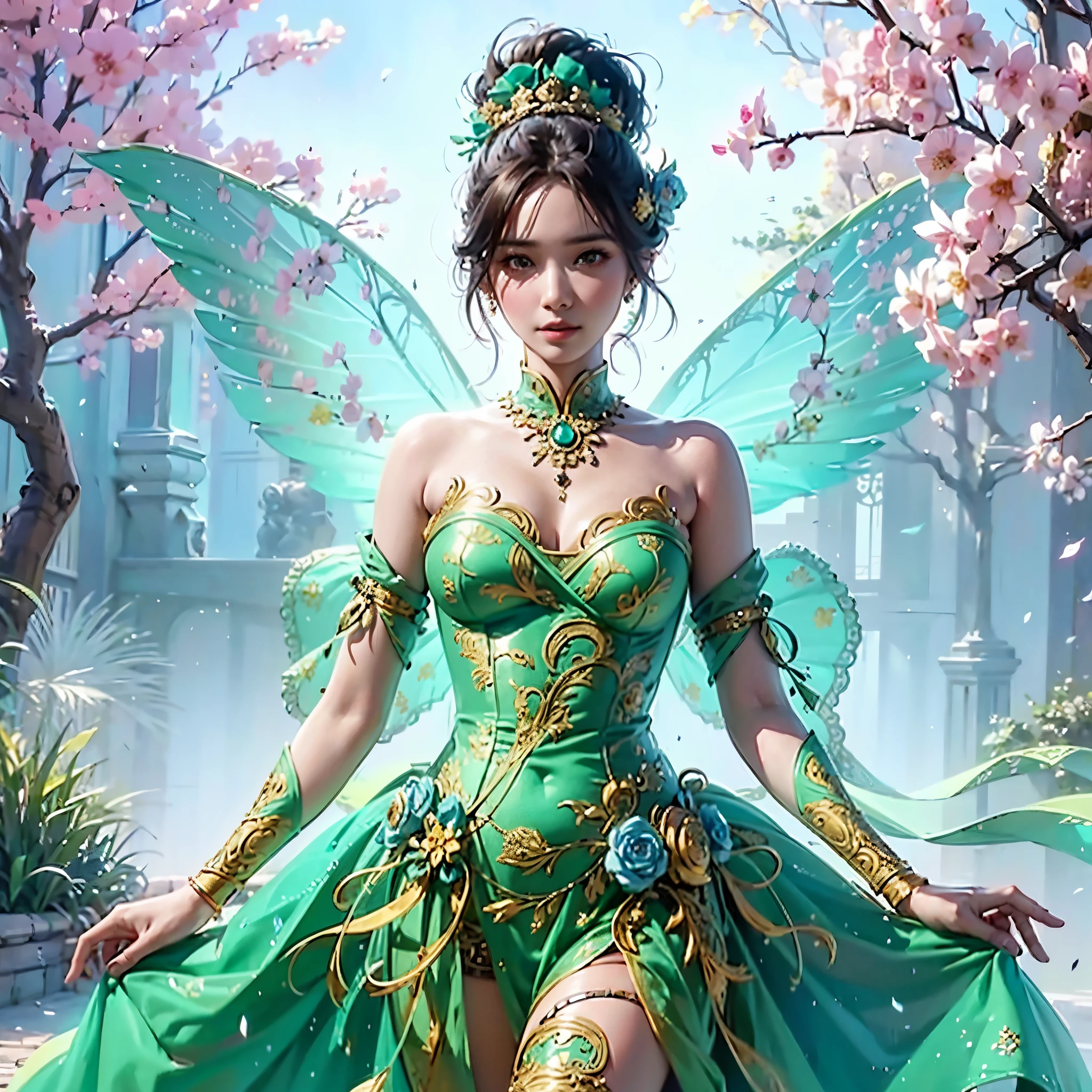 a fairy with gigantic breast in a green outfit posing in a garden, wearing an ornate outfit, wearing ornate clothing, wearing ornate silk clothes, inspired by Rudy Siswanto, traditional beauty, ornate attire, intricate silk clothing, ornate clothing, beautiful oriental woman, ao dai, beautiful costume, by Basuki Abdullah, beautiful digital artwork, portrait shot, intricate outfit, masterpiece, best quality:1.2),,(8k,highres,RAW photo,realistic,photo-realistic:1.3),(detailed skin texture,detailed cloth texture,beautiful detailed face:1.25),professional lighting,photon mapping,beautiful soft light,radiosity,physically-based rendering,raytracing, model shoot style, model shoot style, (extremely detailed CG unity 8k wallpaper), full shot body photo of the most beautiful artwork in the world,