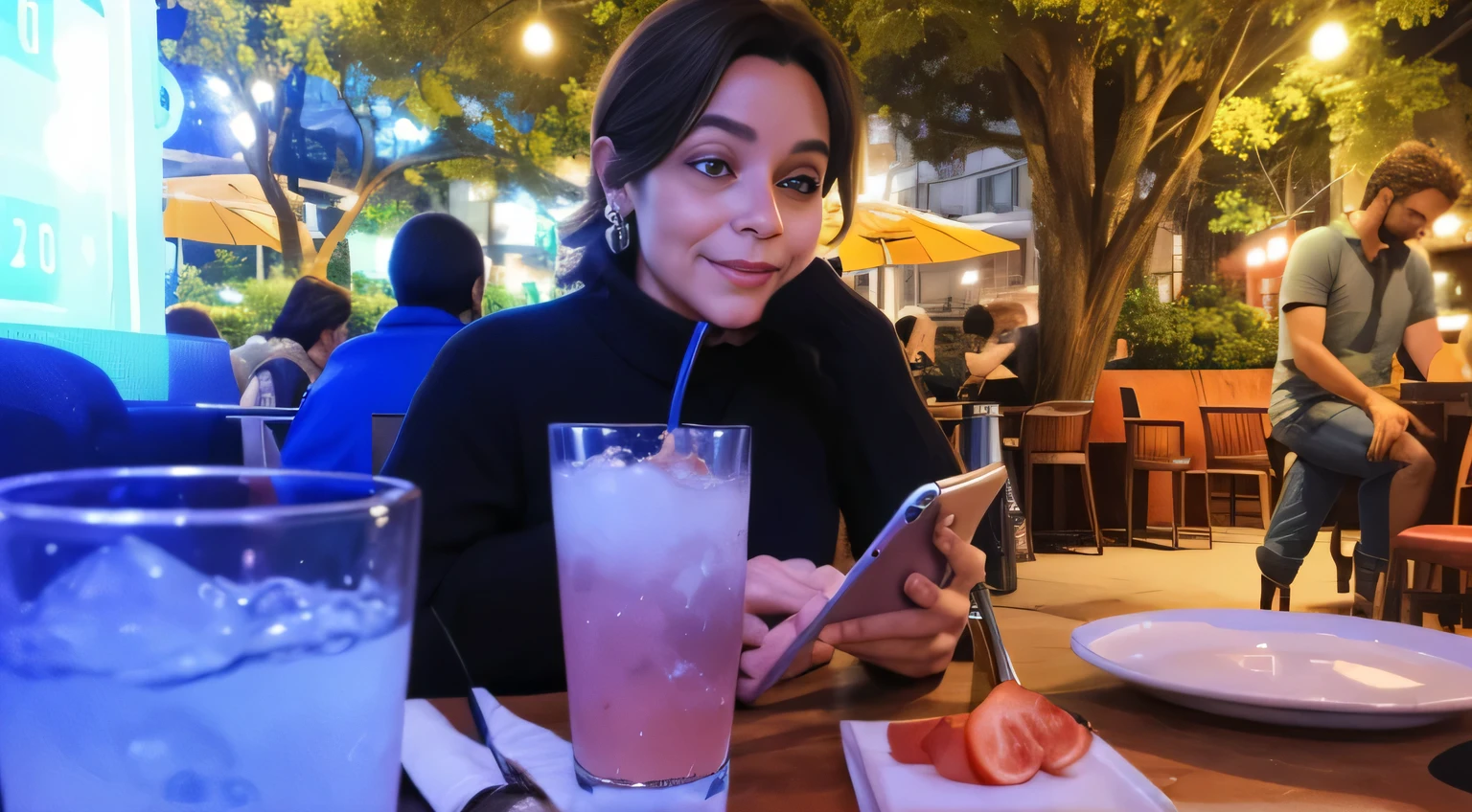 woman sitting at the table with a glass of water and a cell phone, verificando seu telefone, verificando o celular dela, looking distracted, candid shot, goddess verificando seu telefone, sentado em um bar, looking distracted and awkward, com uma bebida, sentado sozinho em um bar, taken in the late 2010s, foto do telefone celular, tarde da noite, ela tem 44 anos.