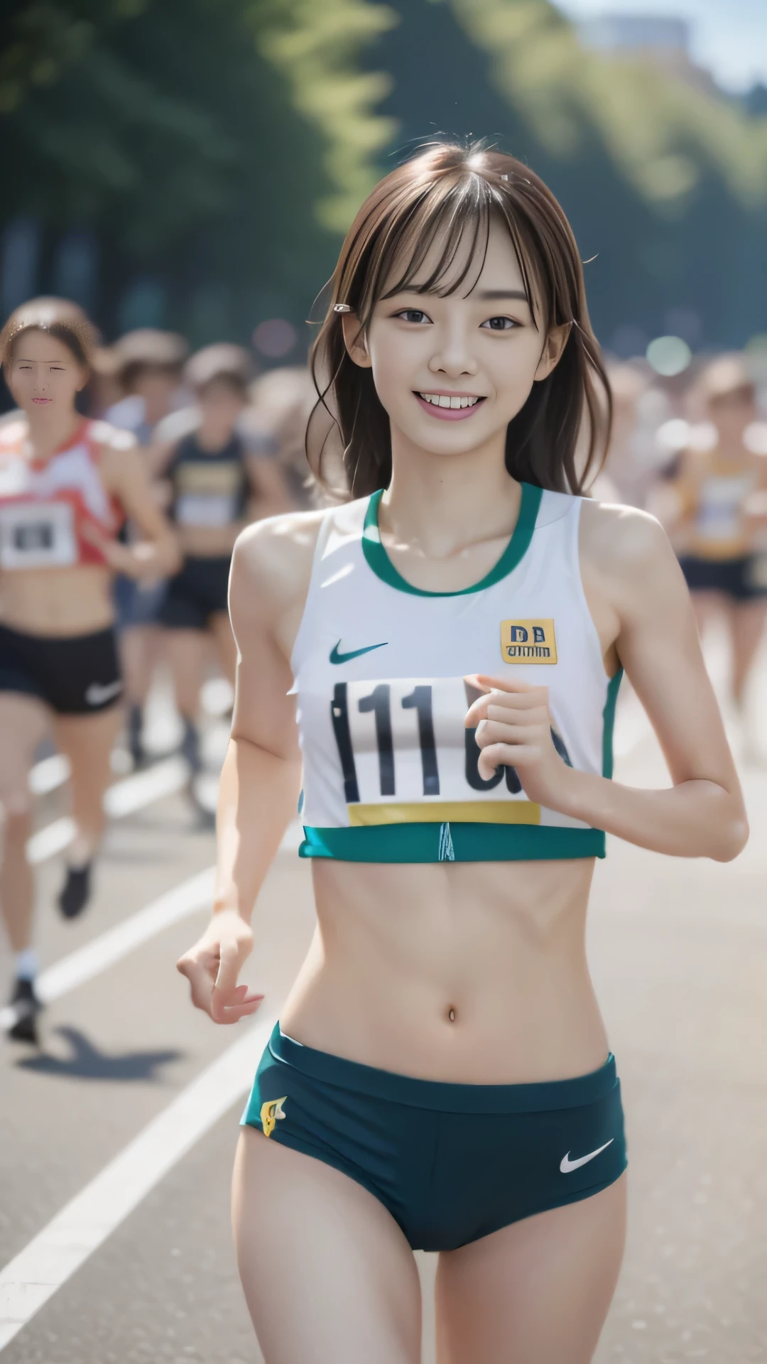 the Extremely Detailed CG Unity 8K Wallpapers, Best Quality, Ultra-detailed, masutepiece, Realistic, photo Realistic, extremely detailed cute girl, 18year old, (Wearing an athletics uniform), (Lace Bib), Smile , nabel, Half body shot , athletic field , (get sweaty)