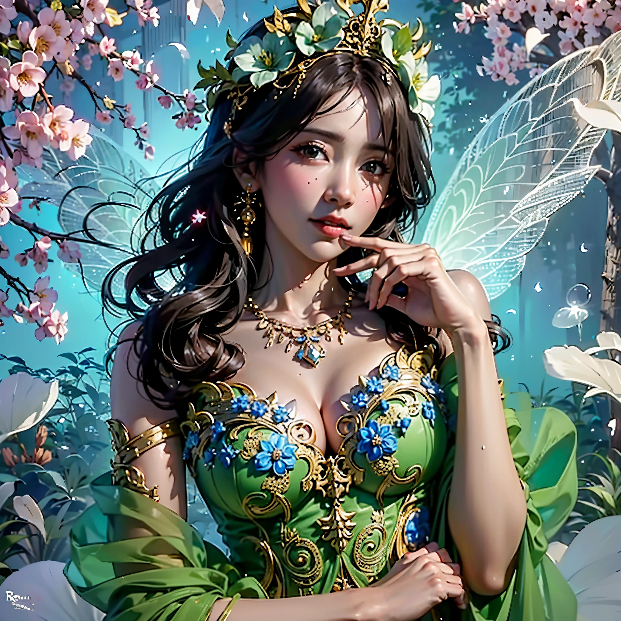 a fairy with gigantic breast in a green outfit posing in a garden, wearing an ornate outfit, wearing ornate clothing, wearing ornate silk clothes, inspired by Rudy Siswanto, traditional beauty, ornate attire, intricate silk clothing, ornate clothing, beautiful oriental woman, ao dai, beautiful costume, by Basuki Abdullah, beautiful digital artwork, portrait shot, intricate outfit, masterpiece, best quality:1.2),,(8k,highres,RAW photo,realistic,photo-realistic:1.3),(detailed skin texture,detailed cloth texture,beautiful detailed face:1.25),professional lighting,photon mapping,beautiful soft light,radiosity,physically-based rendering,raytracing, model shoot style, model shoot style, (extremely detailed CG unity 8k wallpaper), full shot body photo of the most beautiful artwork in the world,