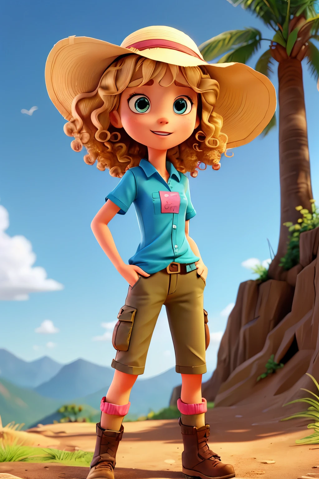 cartoon of a woman named Liz Legge standing ((looking at the camera)), ((curly blonde hair), blue sun hat, pink_shirt, khaki_pants, hiking_boots,  ((wow expression)), highly detailed, masterpiece, very realistic