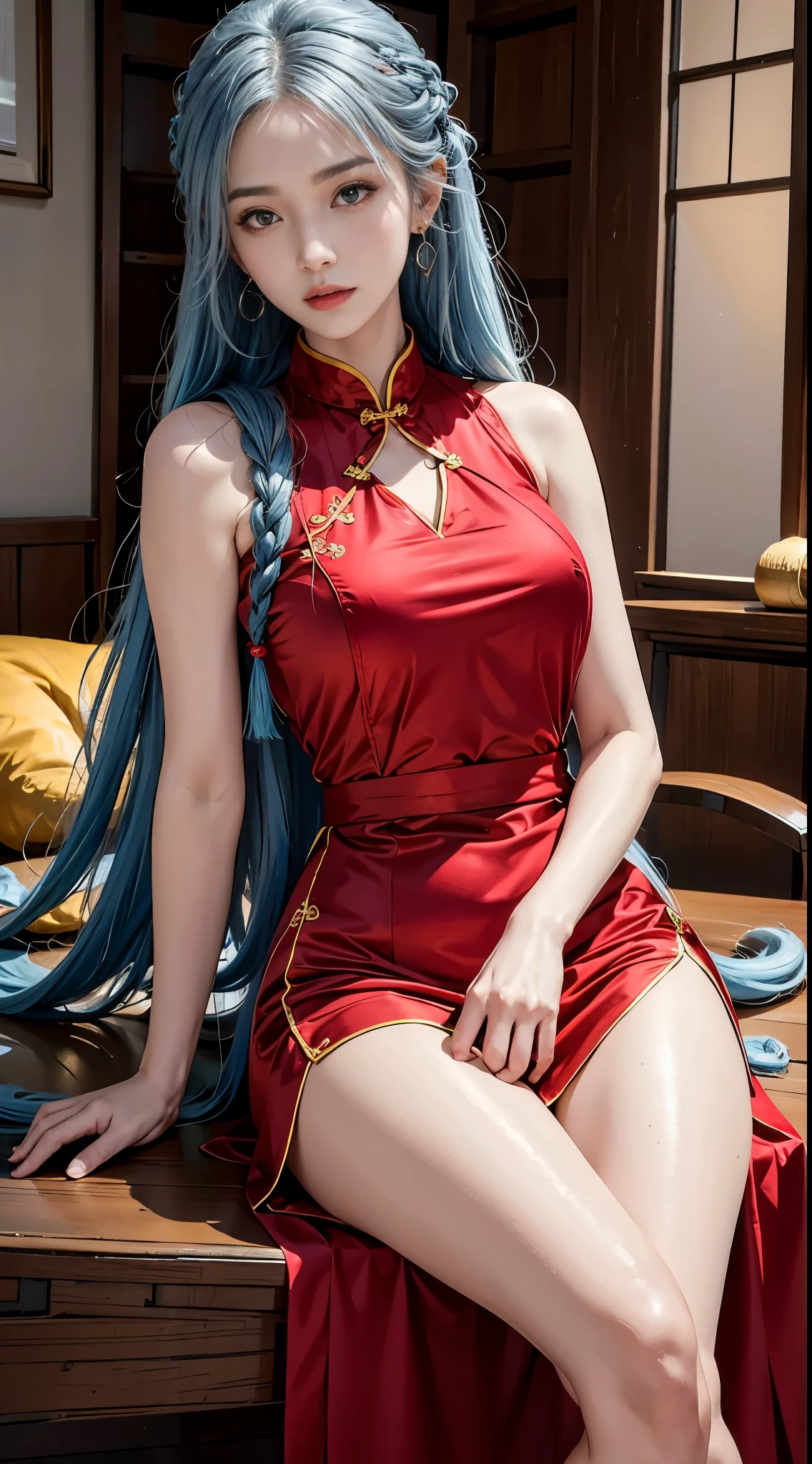 realistically, A high resolution, 1 Woman, butt lift, red cheongsam, end, jewely, Chinese clothes, Sleeveless dress, Sleeveless, shoulder, , ear ring, Official spare clothing, upper legs, through bangs, bangle, Very long hair, colored skin, bead bangle, bead, crossed legs, signatures, arm support, ponyend, tassel ear ring, Blue hair, Braided hair