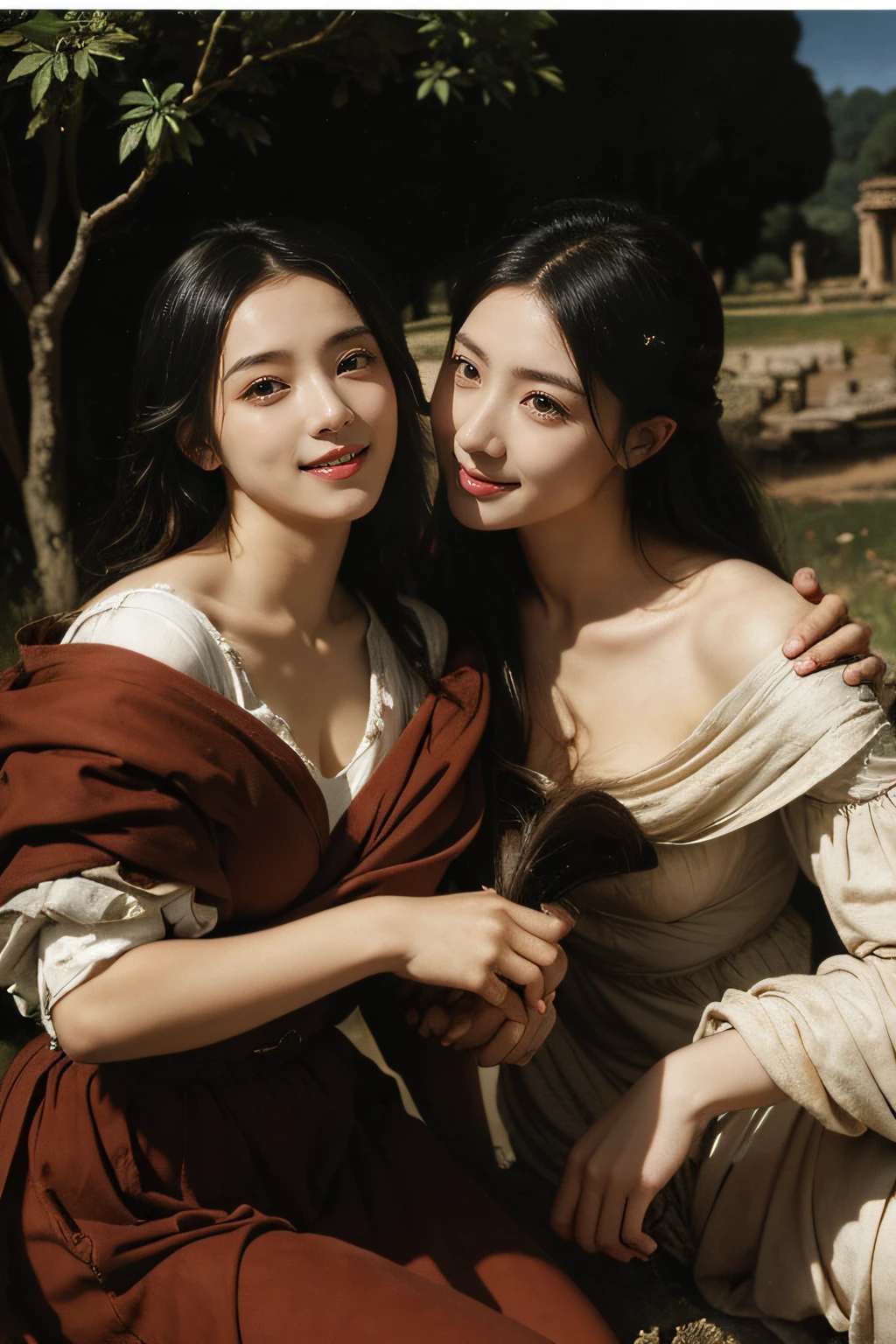 Ancient Roman ruins,Poussin-style landscape,A smile,,Sweet and seductive appearance.、Caravaggio's paintings、Chiaroscuro of Caravaggio、Hair disheveled in the wind,Two women frolicking,Cute smile, Expression of ecstasy,A sexy,erotick