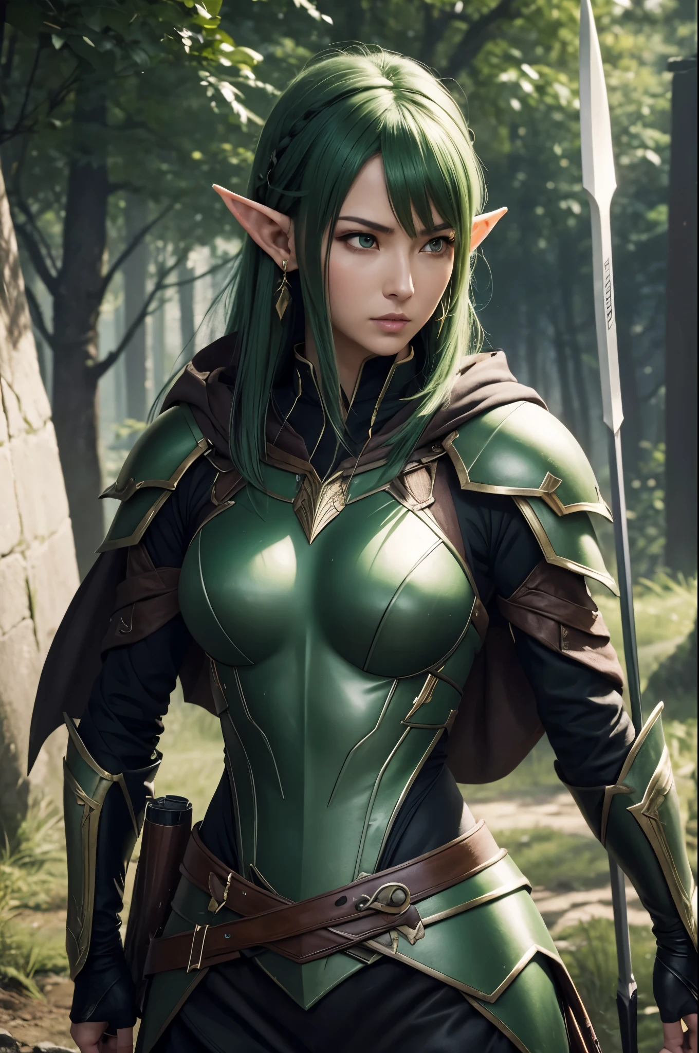 8K,Elven hunters,(masutepiece, Best Quality) Lelianada, mature woman in her 30s, Solo,Super beauty(Like the real thing) very small breasts,real looking skin,Looking at Viewer, short green hair,very small breasts,Upper body, whole body,arma,earrings,armor,Hair over one eye,Green eyes,long elf ears,shoulder armor,Realistic,arrow\(projectile\), Shoulder pads, arrow筒を背負う.超A high resolution,Masterpiece,A hyper-realistic,Fantasyart,curacter art,cinestill 800,alluring glance,A sexy,a closeup,combat scene,action scene,actionpose,Rugged look,Glaring at the viewer,A sexyな衣装,Slender and muscular body,Split abs,long thin muscular legs,green short-haired,