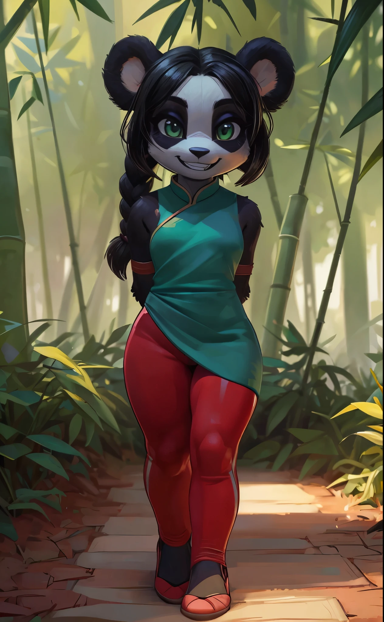 [Yaya Panda], [Uploaded to e621.net; (Pixelsketcher), (wamudraws)], ((masterpiece)), ((HD)), ((solo portrait)), ((full body)), ((front view)), ((feet visible)), ((furry; anthro)), ((detailed fur)), ((detailed shading)), ((beautiful render art)), ((intricate details)), {anthro panda; (black fur), (white fur), black nose, (cute green eyes), (short eyelashes), black hair, braided ponytail, (curvy hips), (beautiful legs), (cute grin)}, {(green chinese dress), (tight red yoga pants), (red ballet flats)}, {(standing), (hands behind back), (looking at viewer)}, [background; (bamboo forest), (beaten pathway), (blue sky), (cloudy)]