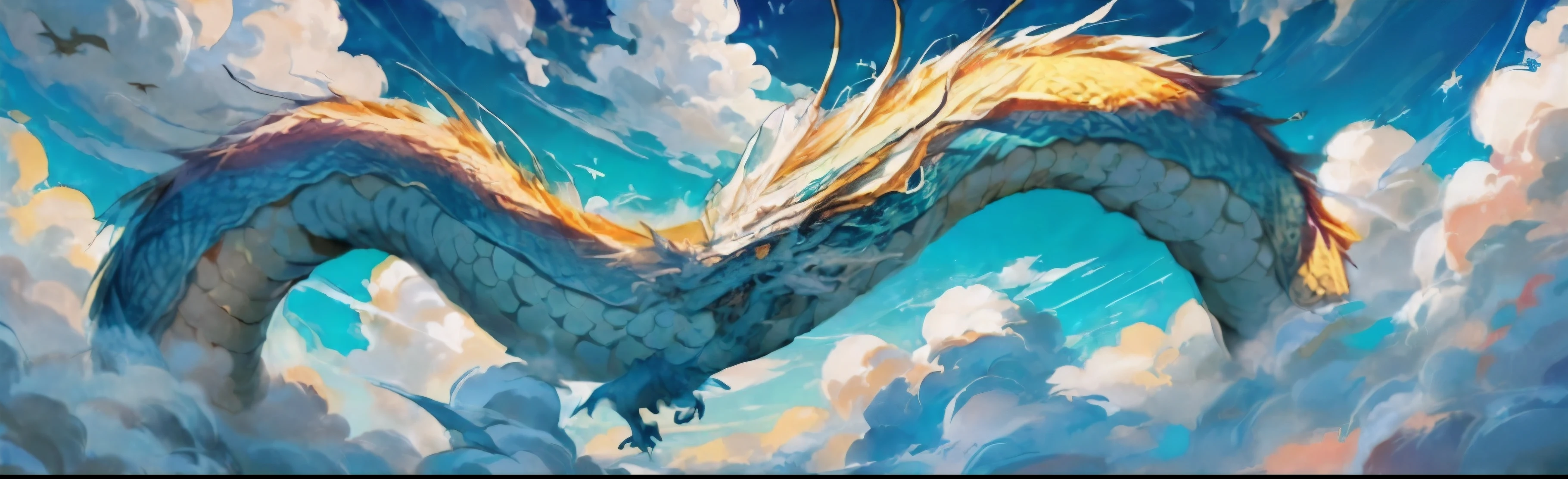 ((((The dragon crossed the sky silently, depicting a quiet yet mesmerizing presence,
The clouds surrounding the dragon are like a veil, adding an element of mystery that makes this picture so full of charm:1.5))))