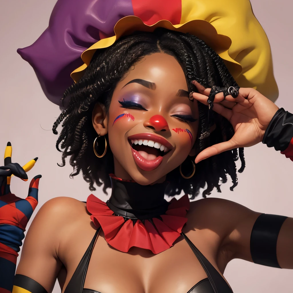 Ebony, ((sticking tongue out)), clown, long tongue, cross-eyed