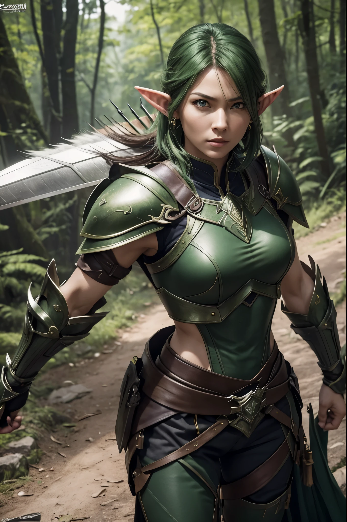 8K,Elven hunters,(masutepiece, Best Quality) Lelianada, mature woman in her 30s, Solo,Super beauty(Like the real thing) very small breasts,real looking skin,Looking at Viewer, short green hair,very small breasts,Upper body, whole body,arma,earrings,armor,Hair over one eye,Green eyes,long elf ears,shoulder armor,Realistic,arrow\(projectile\), Shoulder pads, arrow筒を背負う.超A high resolution,Masterpiece,A hyper-realistic,Fantasyart,curacter art,cinestill 800,alluring glance,A sexy,a closeup,combat scene,action scene,actionpose,Rugged look,Glaring at the viewer,A sexyな衣装,Slender and muscular body,Split abs,long thin muscular legs,green short-haired,