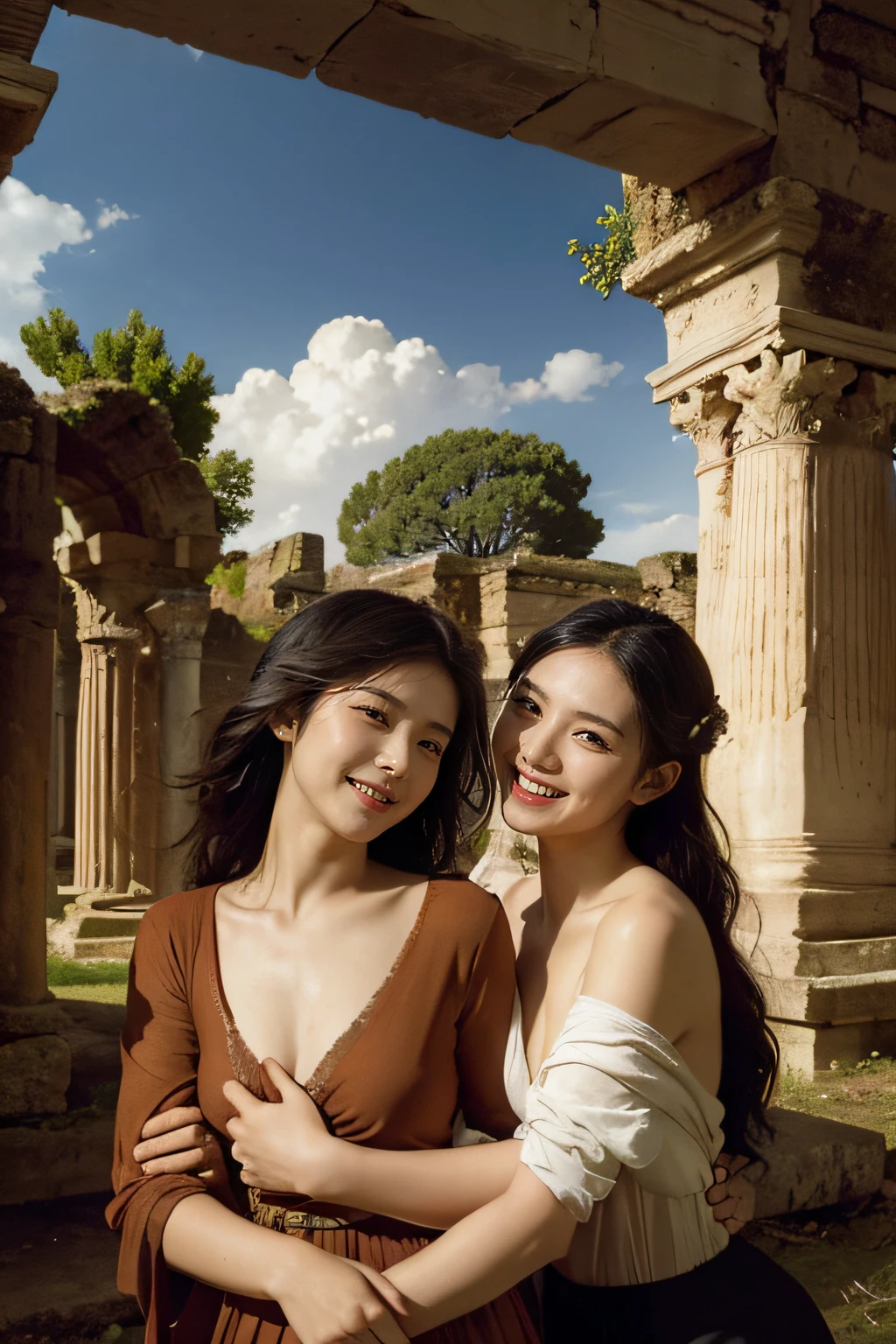 Ancient Roman ruins,Poussin-style landscape,A smile,,Sweet and seductive appearance.、Caravaggio's paintings、Chiaroscuro of Caravaggio、Hair disheveled in the wind,Two women frolicking,Cute smile, Expression of ecstasy,A sexy,erotick