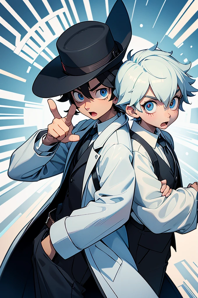 twinsies,Two men,Train conductor,one person is wearing a white coat,one person is wearing a black coat,Track background,Pointing Pose,Two people back to back,Big eyes,Light blue eyes,Big mouth,The mouth of the character to,Conductor's hat,Big hat,white glove,neck tie,Middle age