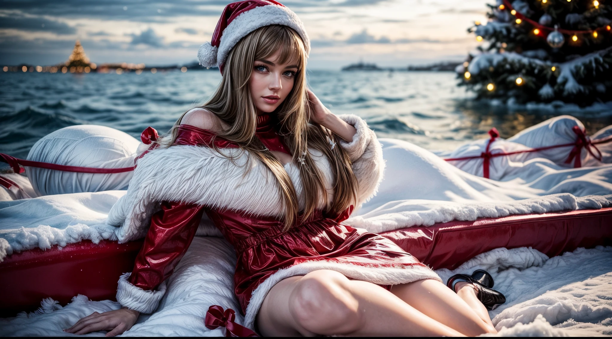 beautiful woman with angelic face and perfect body, in her 20s, wearing a real red short Snegurochka dress, in the sea, on a ship, a beautiful sea view with snow falling, beautiful Christmas decorations and a Christmas tree next to a girl