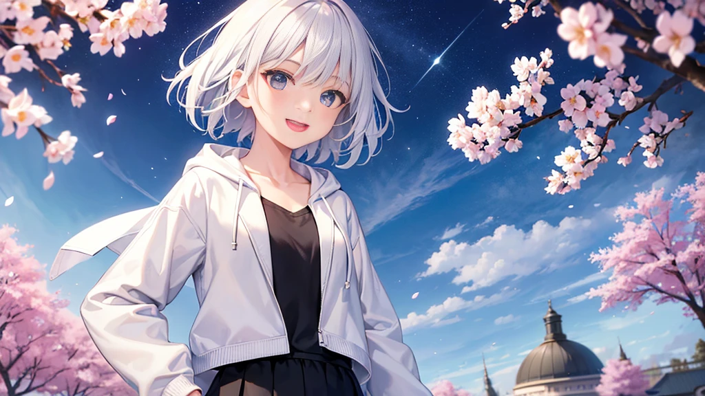 Ultra-high image quality,Look at viewers, hands behind back, girl with, 20 years old, Very short hair, long bangs between eyes, pale blue eyes, Hoodie, Skirt , Extremely detailed,(masterpiece、top-quality),White hair、A smile、Fantastical, Silver hair, Black eyes, Hoodie, White hoodie,a black skirt,Hair is short,White jacket, Casual style,Open jacket, Fluttering hair、a small face、Bright smile、(Detailed face) ,profetional lighting,fantastic landscape,Blue sky, Sunlight,open open mouth、facing front、fountain in the forest、flower field、Upper body only、cherry blossoms falling、collarbone visible