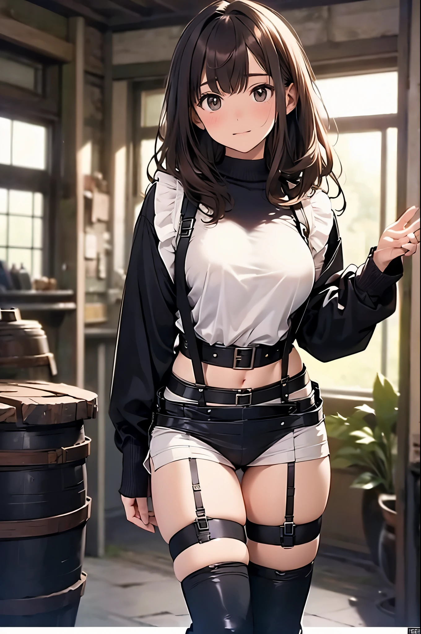 Brown hair、watching at viewers　　　black suspenders　　　Bulging big breasts　　 　 　　　walls: 　Black miniskirt　garters　　　　　　Gaze　　　Small face　bangss 　　　holster　　　Beautuful Women　　hands up　　レッグholster ベッドに横たわる　　Gaze 　black boots panty shot　provocation　flank　flank汗　soio 　arm