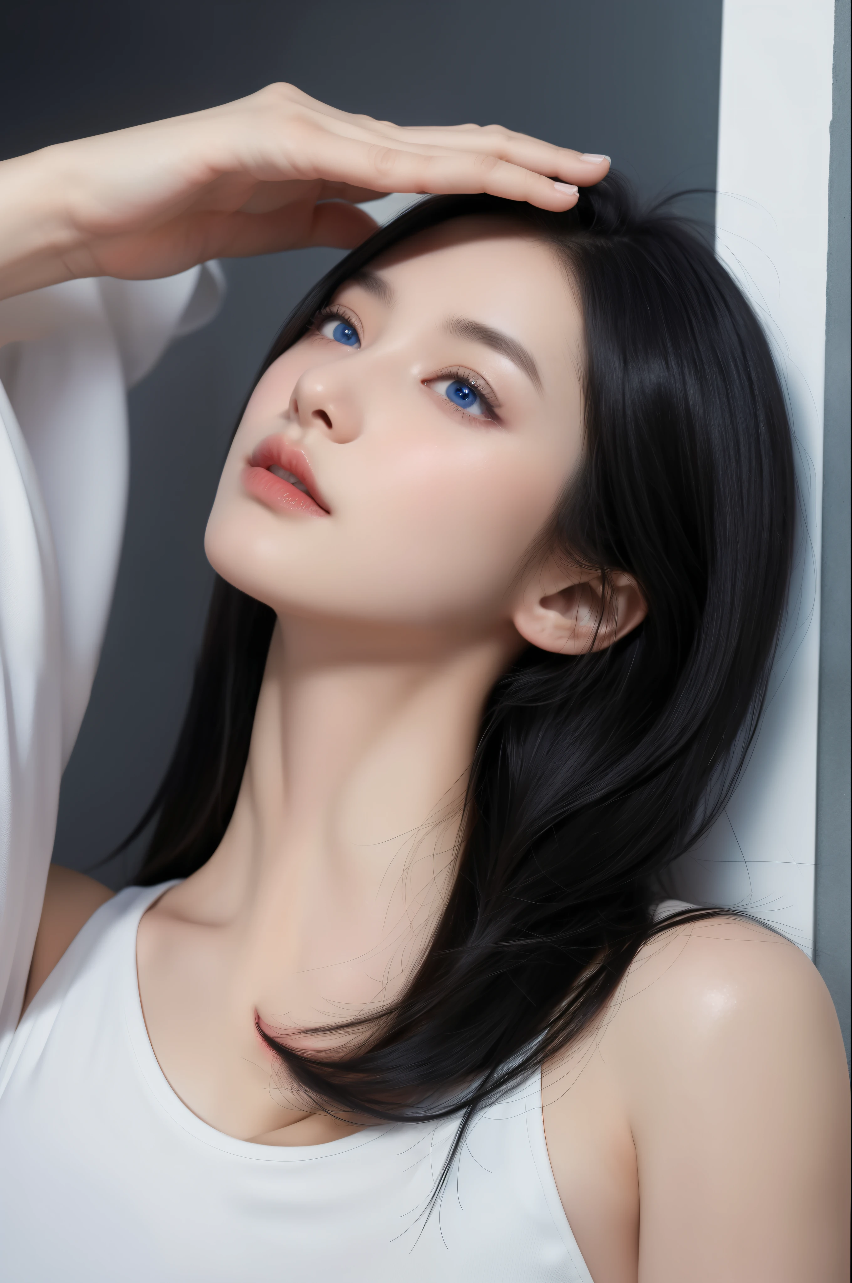 best quality, masterpiece,Black hair, blue eyes, looking up, upper body