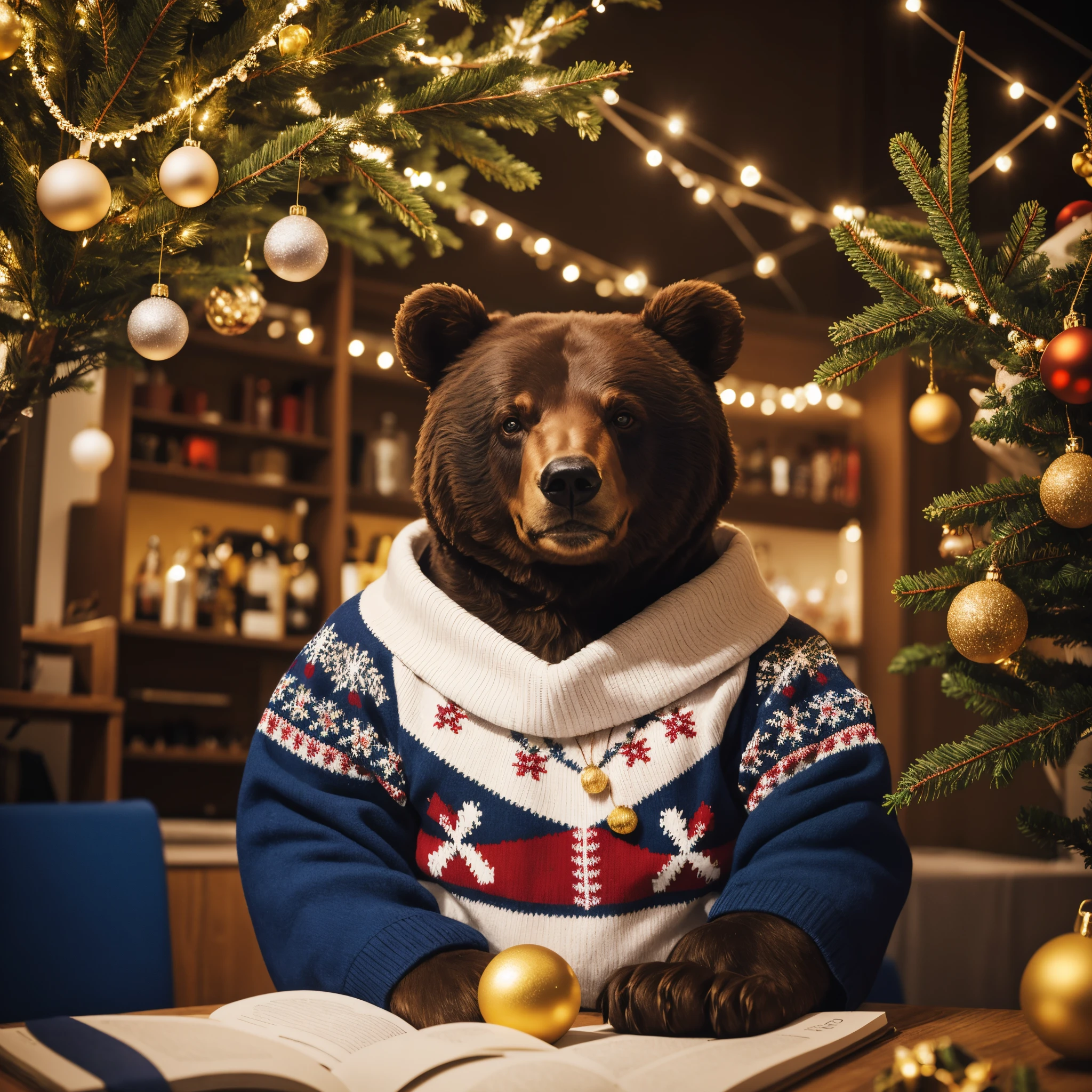 Bear wearing a Christmas sweater, Weihnachtsbaum im Hintergrund, Feuerwerk, scandi look, blue and gold