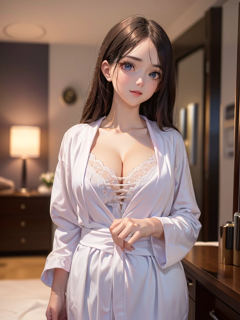 (masutepiece: 1.3), (max resolution: 1.2), (Ultra HDTV: 1.2), cinematric light, 8K resolution, Detailed eyes and skin, detailed facial features, Perfect limbs、Perfect fingers、Anatomically accurate body, Fingers in natural shape, Realistic texture, (Focus on the whole body:1.5), Perfect Style, (Beautiful face, kawaii eyes, Clear eyes、realisticeyes), acurate, Anatomically correct, Highly detailed facial and skin texture, Detailed eyes, Double eyelids, Thin eyebrows, Glitter Eyeliner: 1 Natural cheeks, Glossy skin, Fair skin: 1.2, (Glossy lips: 1.4), (Shy look: 1.2),Highly detailed facial and skin texture, Detailed eyes, Double eyelids, Natural cheeks, (#Slim waist), cleavage of the breast, Full body like, (Firm chest, large udder:1.3), (Neat and clean woman, Cheerful woman:1.5), 20yr old, 1 persons, bangs flowing diagonally, light chestnut hair, (bathrobe:1.5), (Room at home:1.8),